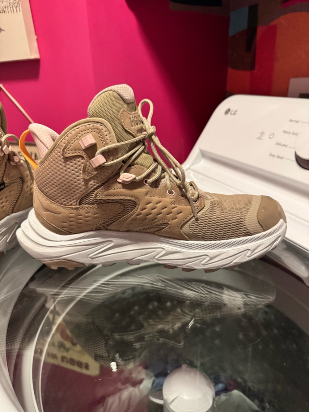 Hoka Beige Tan Athletic Trail Shoe with White Sole